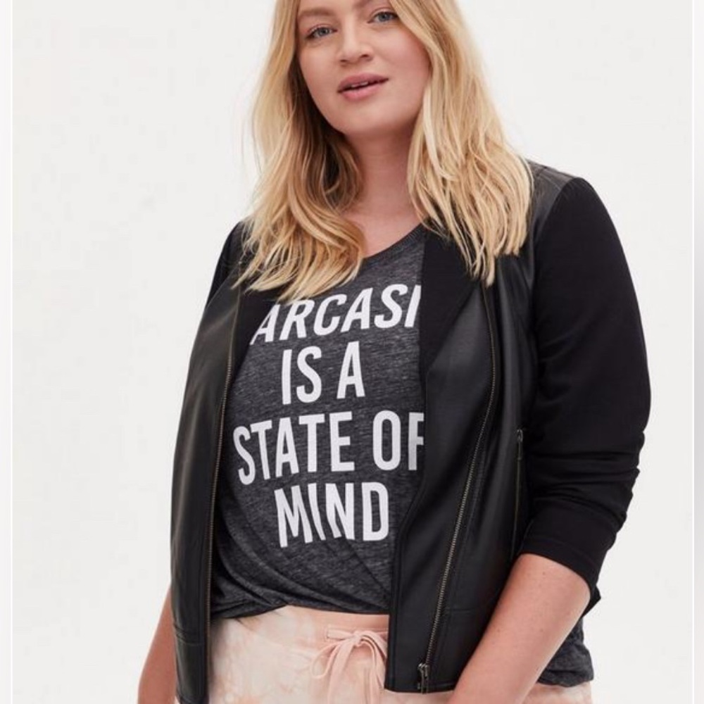 Torrid Black Faux Leather & Ponte Motto Jacket